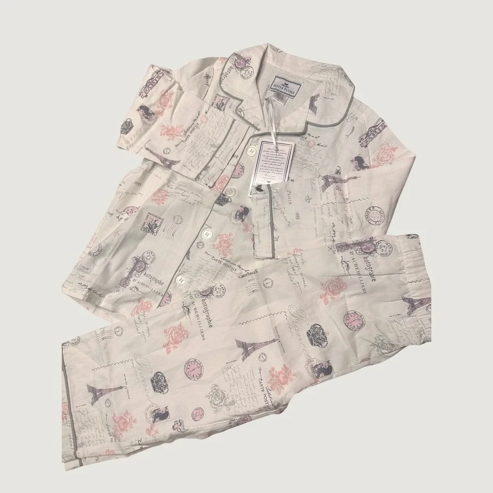 Petite Plume Girls Kids 3 Paris Musings Pajama Set Pink Grey Cotton Luxury NEW